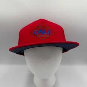 Only NY Mens Red Snapback Hat Diamond Logo Leather Strap Navy Underbrim Cap NWOT